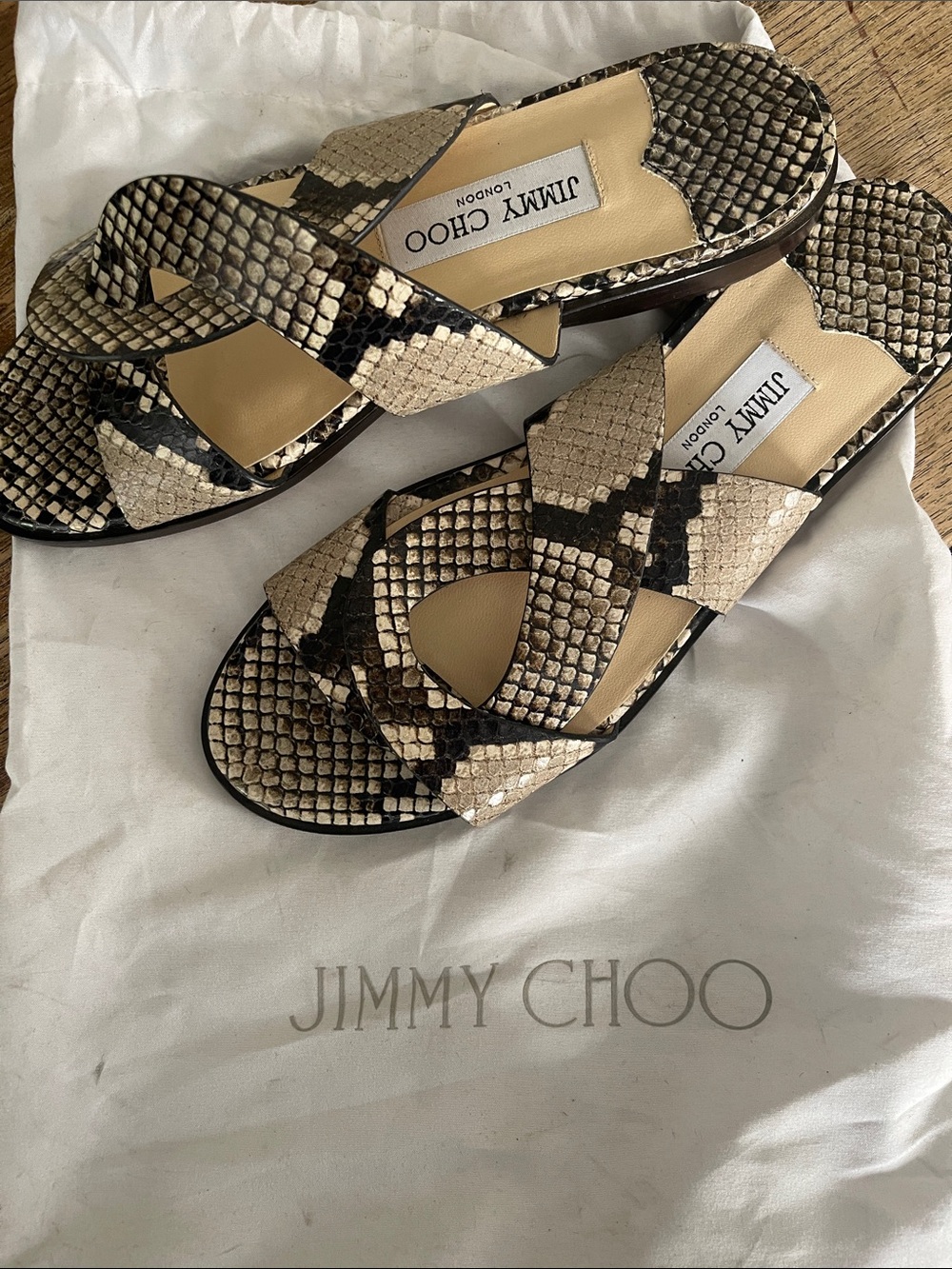 Jimmy Choo Beige and Black Snake-Print Slide Sandals